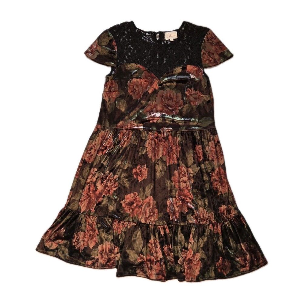 Deletta Anthropologie Velvet Floral Dress Lace Yoke Tiered Midi Boho Women S EUC